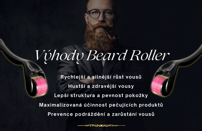 Obrázek vousatého muže s brýlemi a beard rollerem, který ukazuje výhody používání beard rolleru pro rychlejší růst a hustotu vousů.